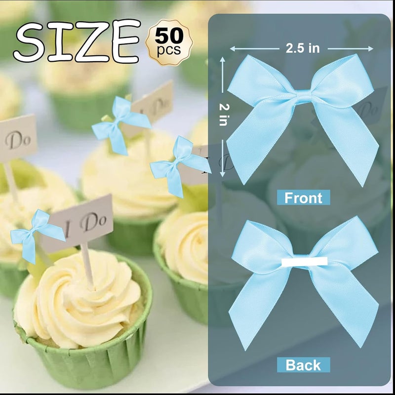 Sokfone Light Blue Satin Ribbon Bows 2" Self Adhesive Satin Bows for Gift Wrapping Premade Ribbon Bows with Double-Sided Tape for Crafts Baby Shower Birthday Party Wedding Valentines Decorations, 50 Pcs - Image 3